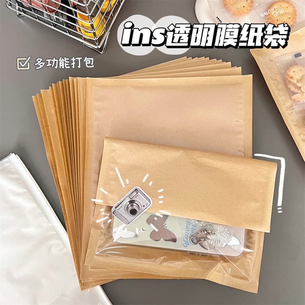 Transparent film paper bag flat pouch packaging bag for card packing, scrapbook material, gift bag, bread bag, snack bag