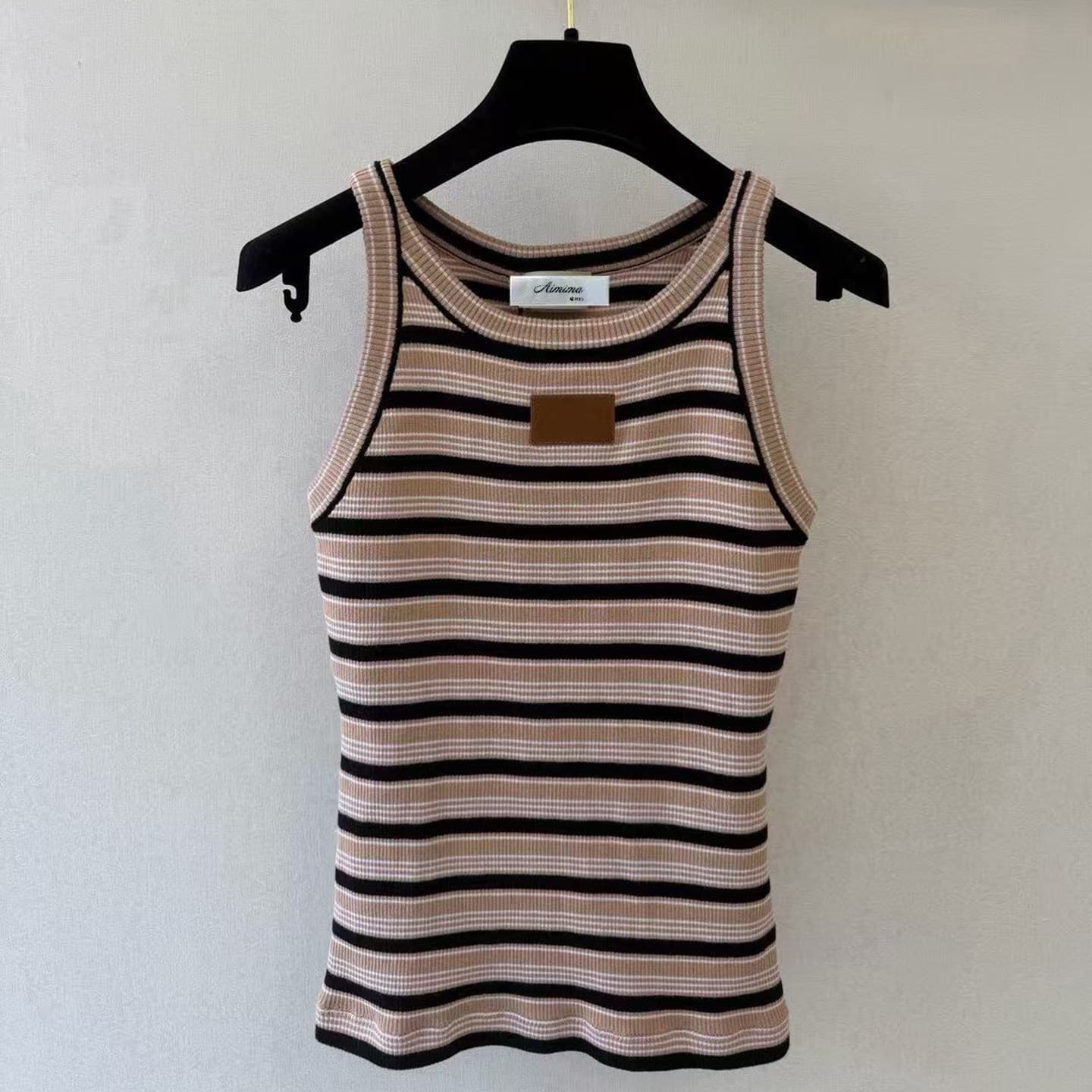 Top~ Shenzhen Nanyou Stylish Design Leather Label New 2026 Summer Striped Slimming Knit Top