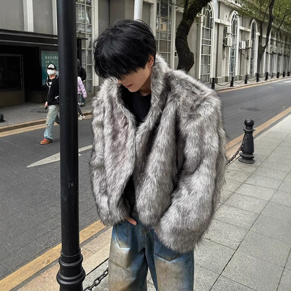 Vintage High-Street Eco-Friendly Faux Fur-Trimmed Short Puffer Jacket with Faux Fox Fur, Thick Warm Coat, Niche Premium Sense Jacket for Men