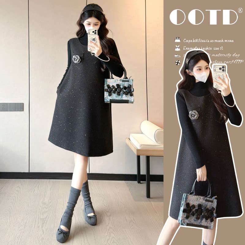 Autumn/Winter Plus Size Maternity Dress with 3D Camellia Sequins Woolen Vest Dress + Base Layer Sweater Maternity Dress