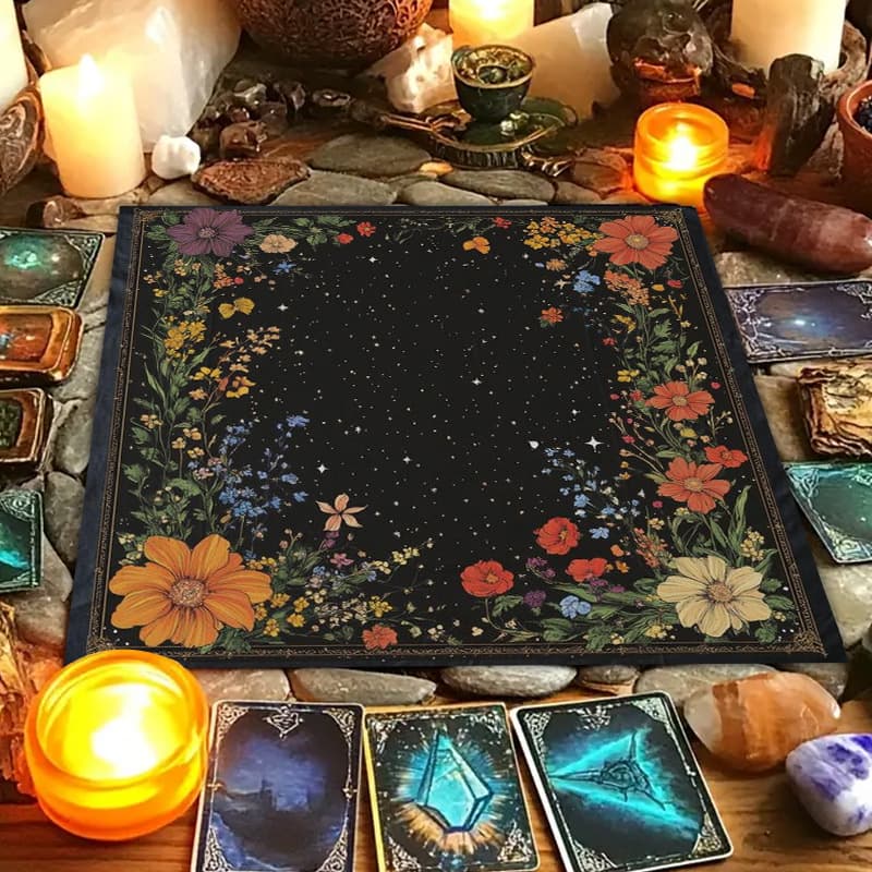 Vintage Moon Phase Flower Altar Cloth Five-Pointed Star Tarot Black Oracle Mat Tarot Tablecloth Mat