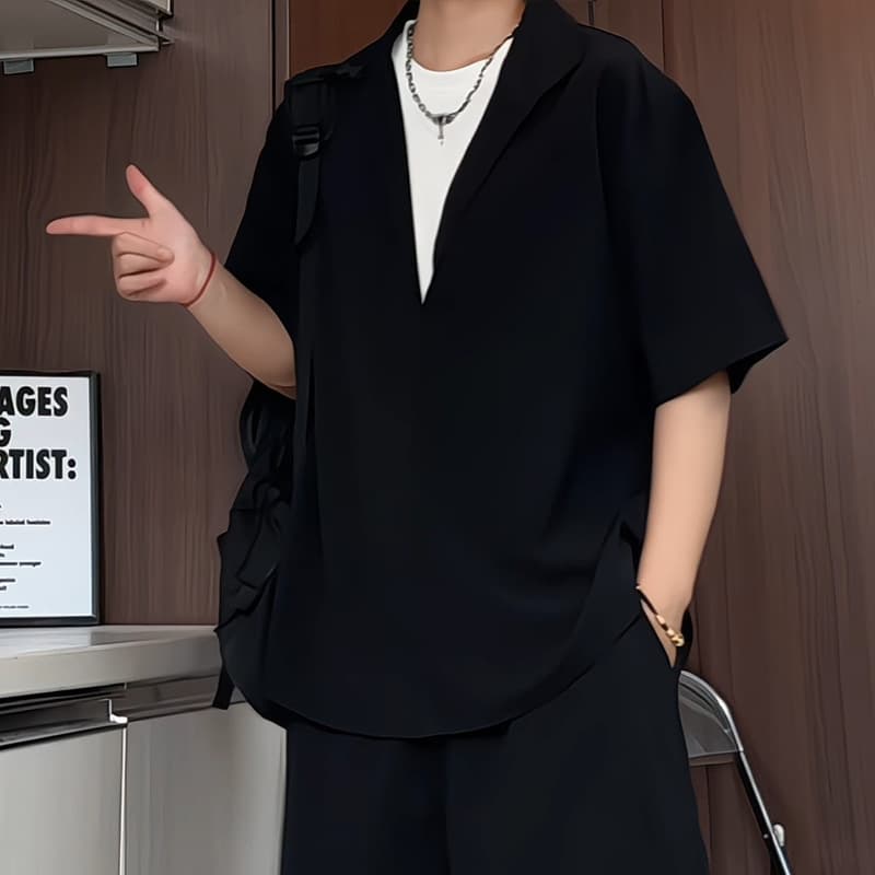 Men's Summer Casual Loose Fit Old Money Style Fake Two-Piece T-Shirt with Ice-Feel Turn-Down Collar Short-Sleeve Casual Shirt