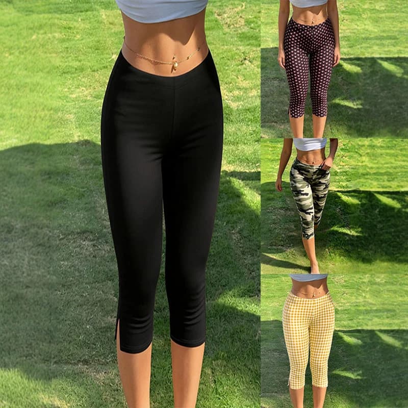2026 Women's Y2K Street Style Slim Fit Capri Pants with Side Slit Design, Suitable for Fitness and Daily Wear