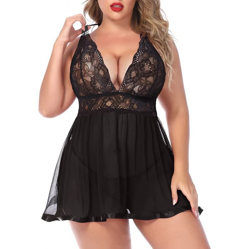 European and American Plus Size Lingerie Sexy Black and Red Patchwork Chemise Set Adult Women's Lingerie