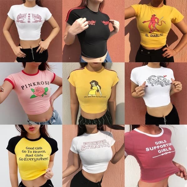 Special offer SHEIN popular multi-style printed color letters hot girl printed tight women's short T-shirt round neck top