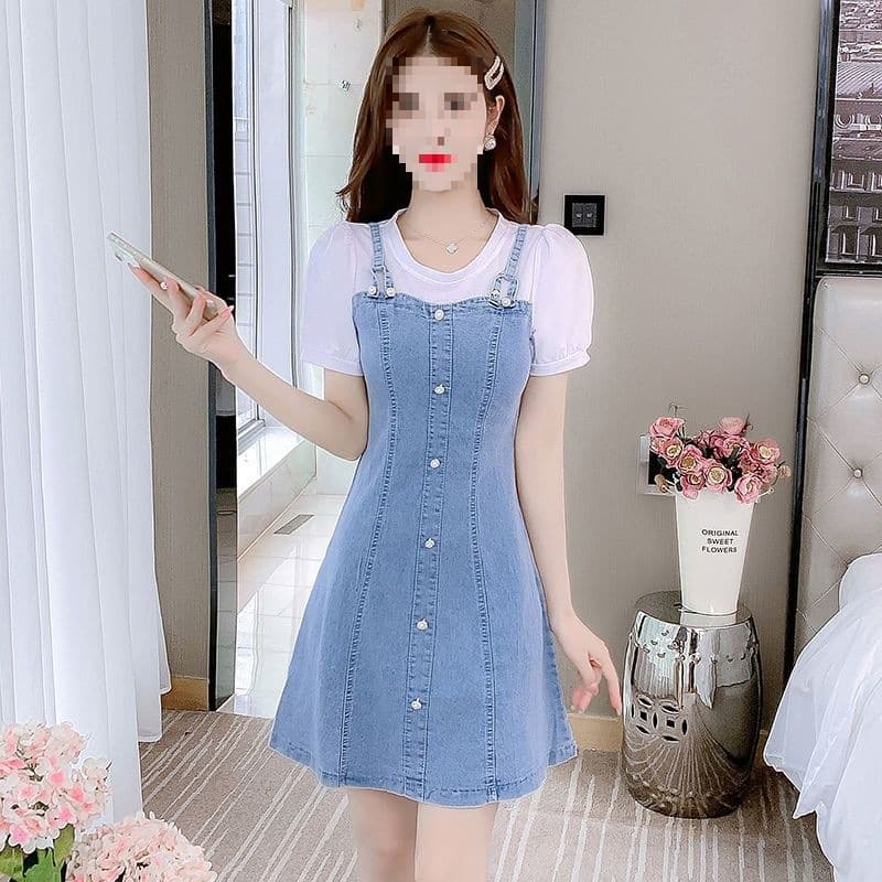 T-Shirt Splicing Denim Dress Women's New Summer Fake Two-Piece This Year's Popular Foreign Style Age-Reducing Skirt