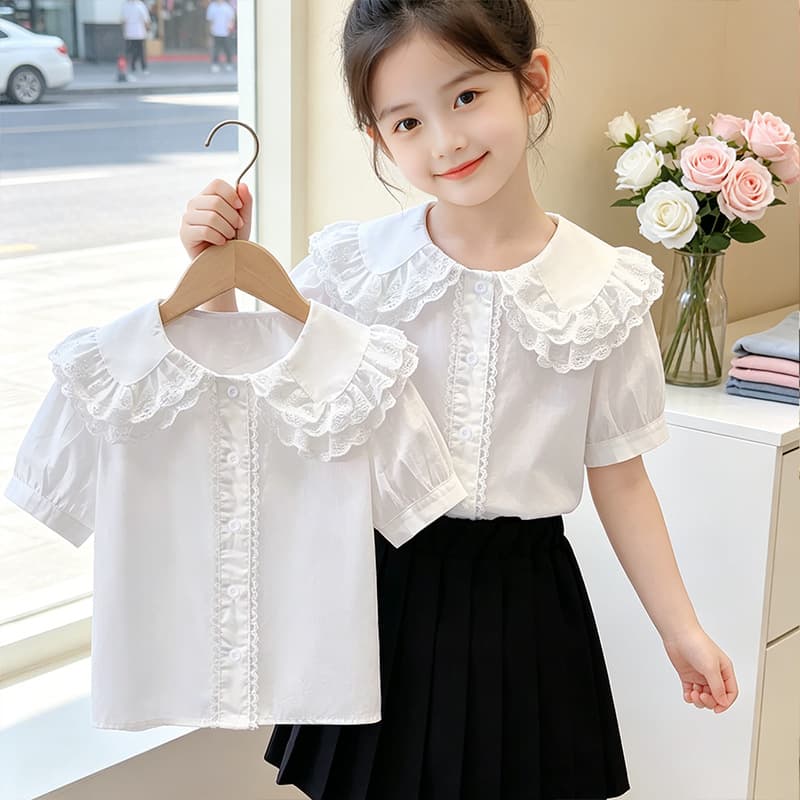 High-end girls short-sleeved shirt 2026 summer new children's pure cotton school style lapel princess shirt top