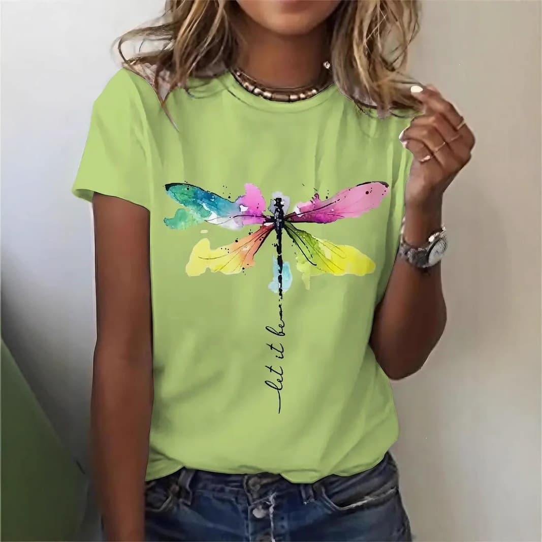 TEMU European Size Women's Top Dragonfly Art & Inspirational Quote Short Sleeve Crew Neck T-Shirt Summer Hot New Arrival