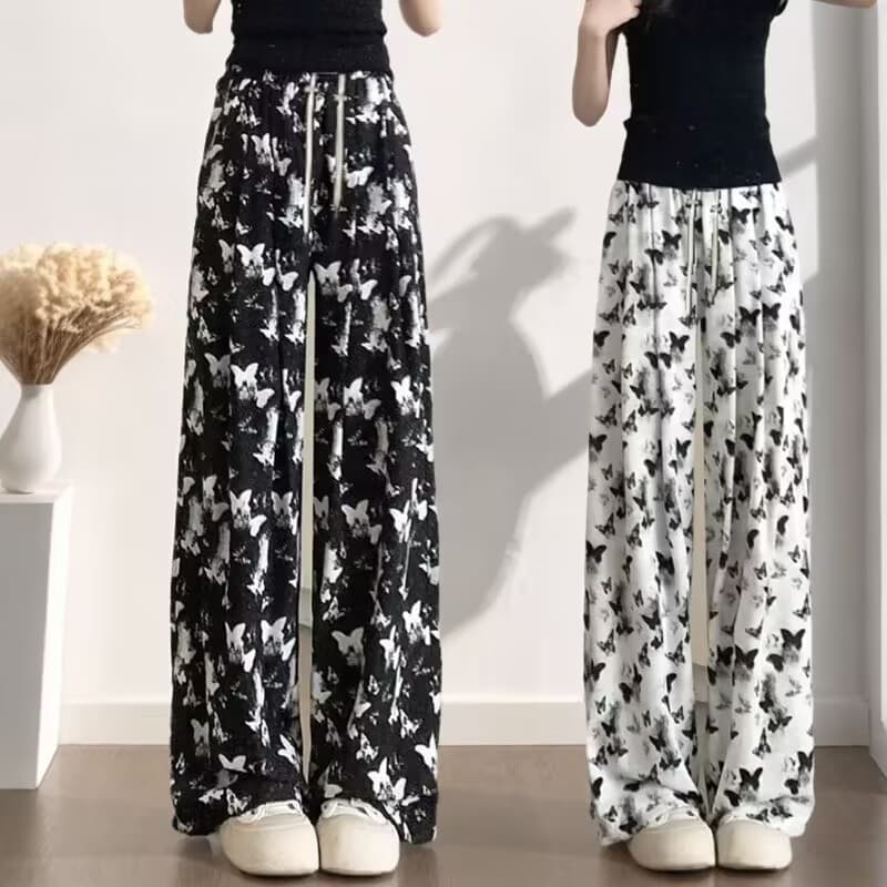 New Chinese style ink butterfly ice silk wide leg pants summer national style pants for women thin casual drape straight floor mopping pants