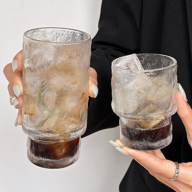 Trendy Ins Embossed Glacier Pattern Stackable Glass Cup for Iced Americano, Juice, and Cold Drinks - High Aesthetic Appeal