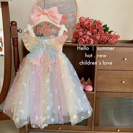 Girls' Dress 2026 Summer Children's Gown Strapless Princess Dress Baby Dreamy Fairy Butterfly Rainbow Skirt