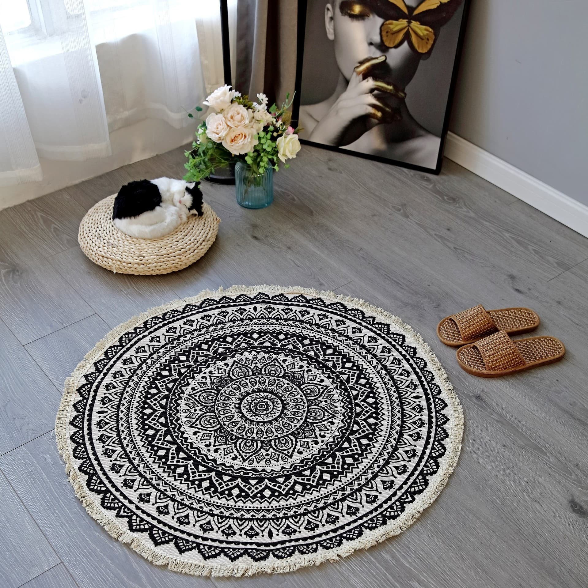 Nordic living room stain-resistant household carpet round kitchen floor non-slip foot mat ethnic cotton yarn tassel balcony foot rug