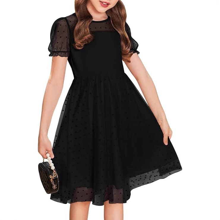 2026 Cross-Border New Product for Older Girls, Fashionable Polka Dot Casual Trendy Mesh Puffy Short-Sleeve Princess Dress 5015