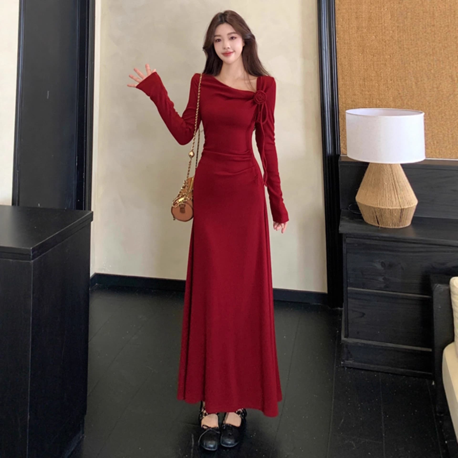 Elegant Early Autumn Winter Cool Rich Girl Outfit, Intellectual Red Dress for Women
