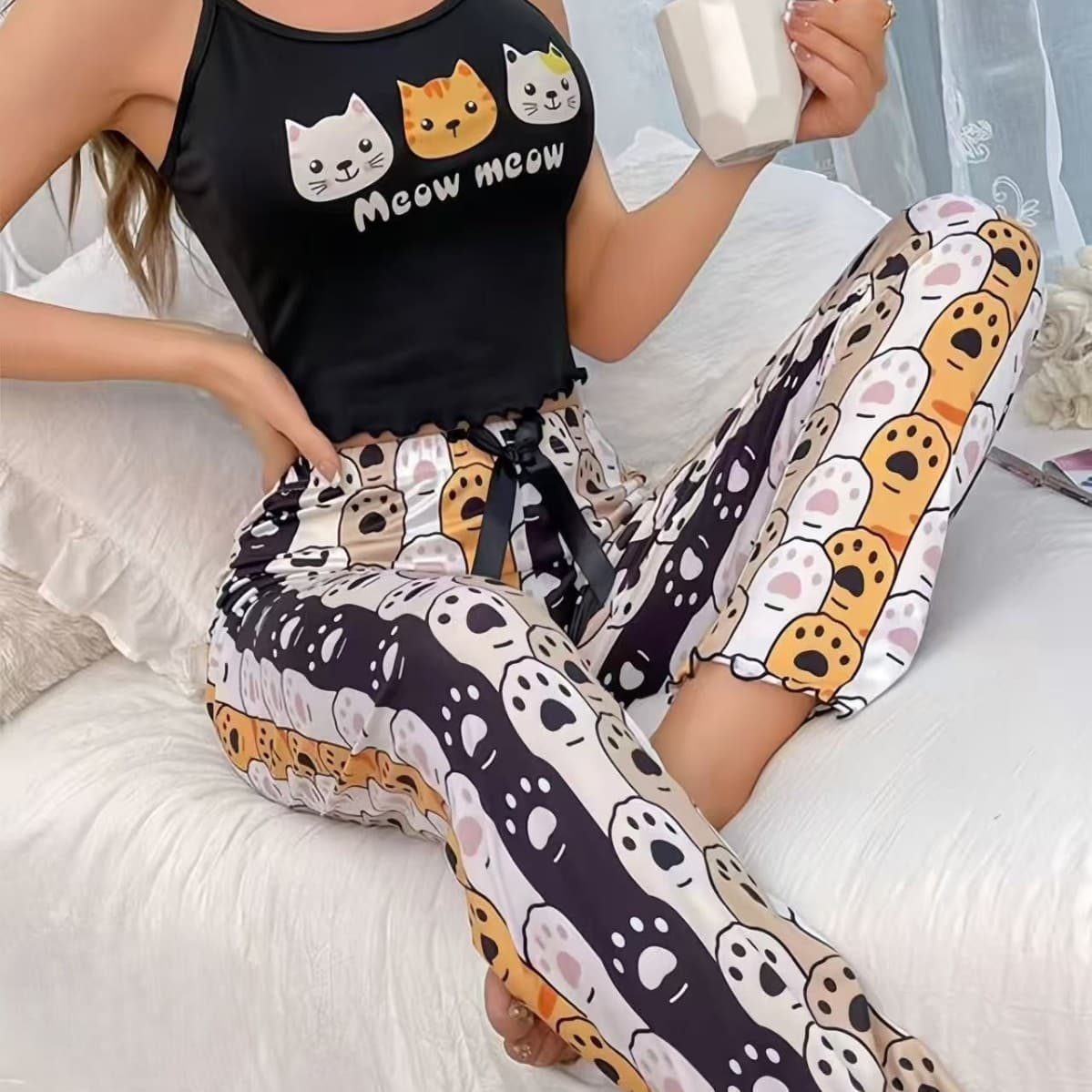 2024 Summer New European and American Style Sleeveless Camisole Two-Piece Vest Set Wearable Graffiti Loungewear
