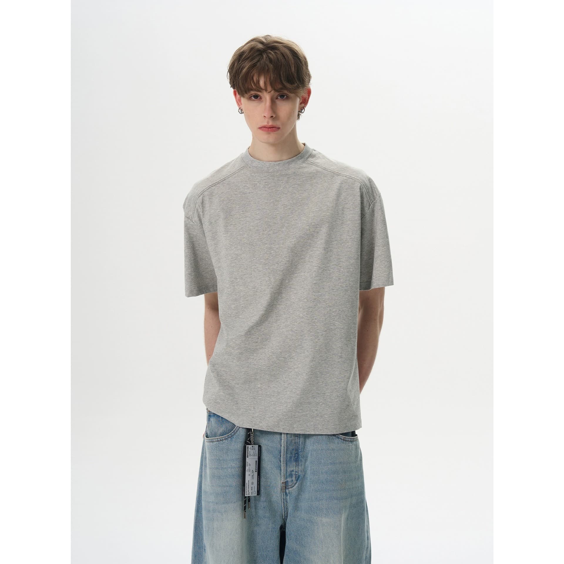 American boxy fit spliced deconstructed cleanfit short sleeve T-shirt for men, cool-feel fabric, solid color couple top