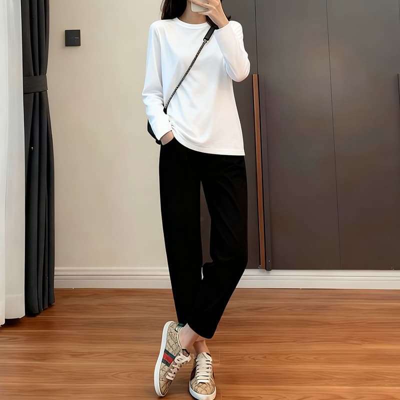50-Pack Water-Soft Cotton Double-Sided Long-Sleeve T-Shirt for Women, Xinjiang Long-Staple Cotton 7A Antibacterial Solid Round Neck Undershirt White T-Shirt Third Generation