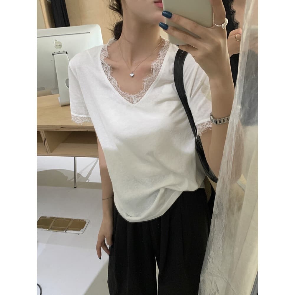 Luxury V-Neck Lace Patch Short Sleeve Women's Summer Casual Loose Base Top Inner Layer White T-Shirt