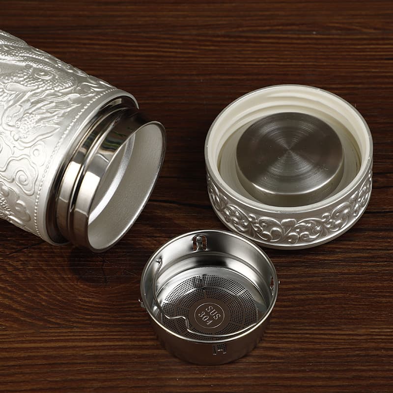 Nine-Dragon Relief Gift Tumbler with Silver-Plated Insulated Cup, Pure Silver Inner Liner, Filter Tea Cup, Home & Business Decorative Set