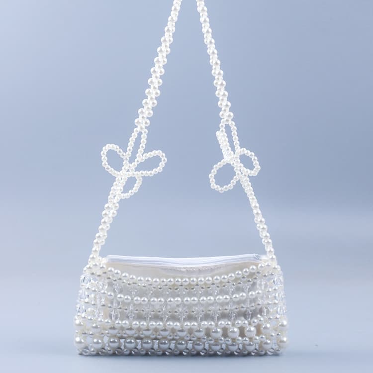 Original direct selling transparent crystal pearl white hand-beaded armpit bag trendy flower woven shoulder bag mobile phone bag