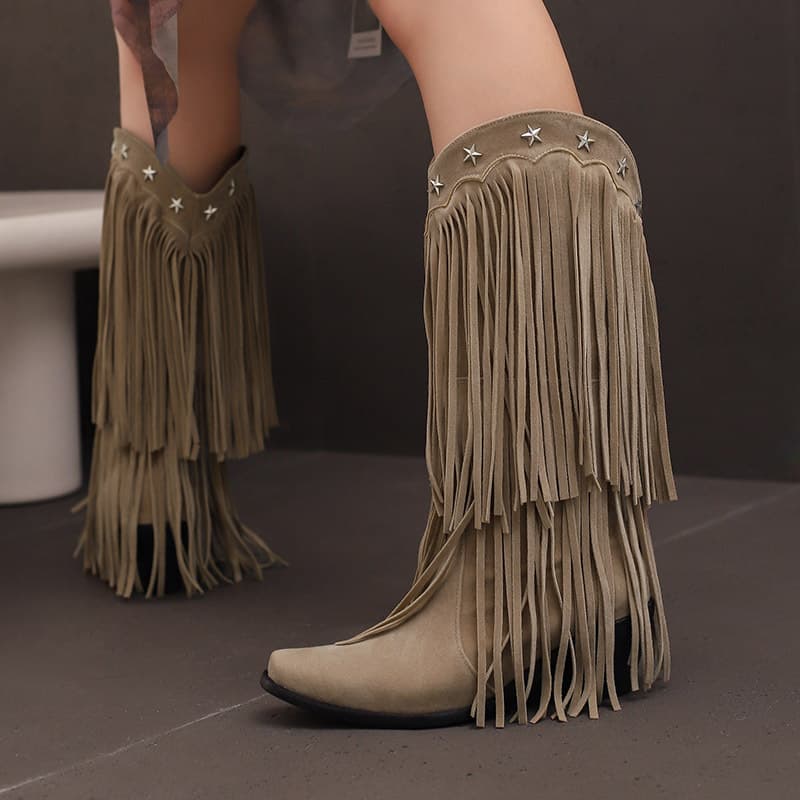 32-48 European and American foreign trade cross-border large size tassel women's boots five-star rivet thick heel western boots high boots Z387