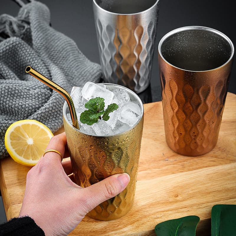 Cross-border 304 stainless steel double-layer water cup, beer mug, coffee cup, Korean-style drinking cup with diamond and hammered patterns for outdoor camping