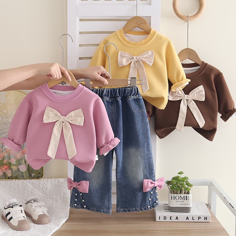 Girls' Autumn Outfit Set New Style Toddler Bow Long-Sleeve Sweatshirt Baby Spring Autumn Jeans Two-Piece Set Wholesale