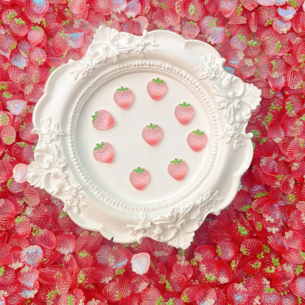 Trending Nail Art Accessories Resin Cartoon Gradient Strawberry Fruit Wearable Nails Earrings Hair Clips Wholesale