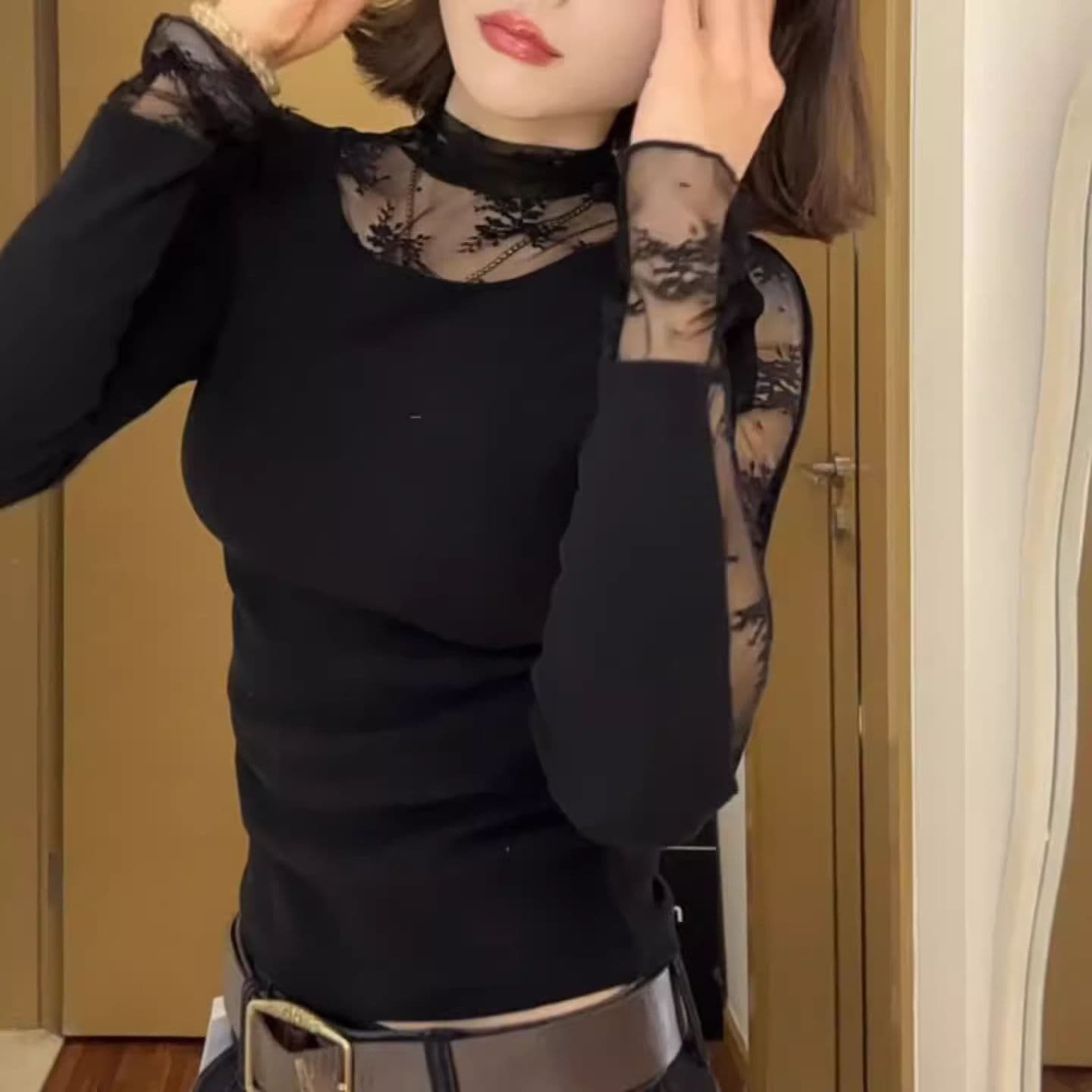 Gray Lace Patchwork Half Turtleneck Long Sleeve T-Shirt for Women 2026 Winter New Layering Piece, Very Stylish Egg Base Layer Top