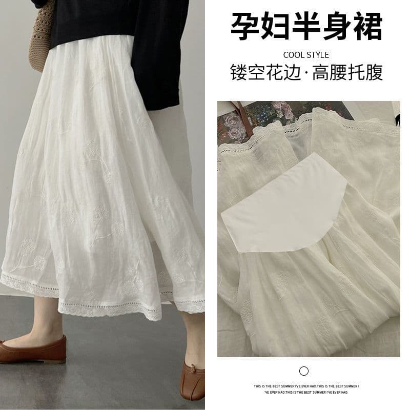 Maternity Skirt 2025 Artistic Ethereal Embroidered White High-End A-Line Slimming Belly Support Mid-Length Skirt