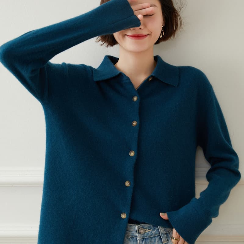 Elegant POLO Collar Long Sleeve Cashmere Cardigan Women Loose Outerwear 2022 Autumn/Winter New Knitted Sweater Top
