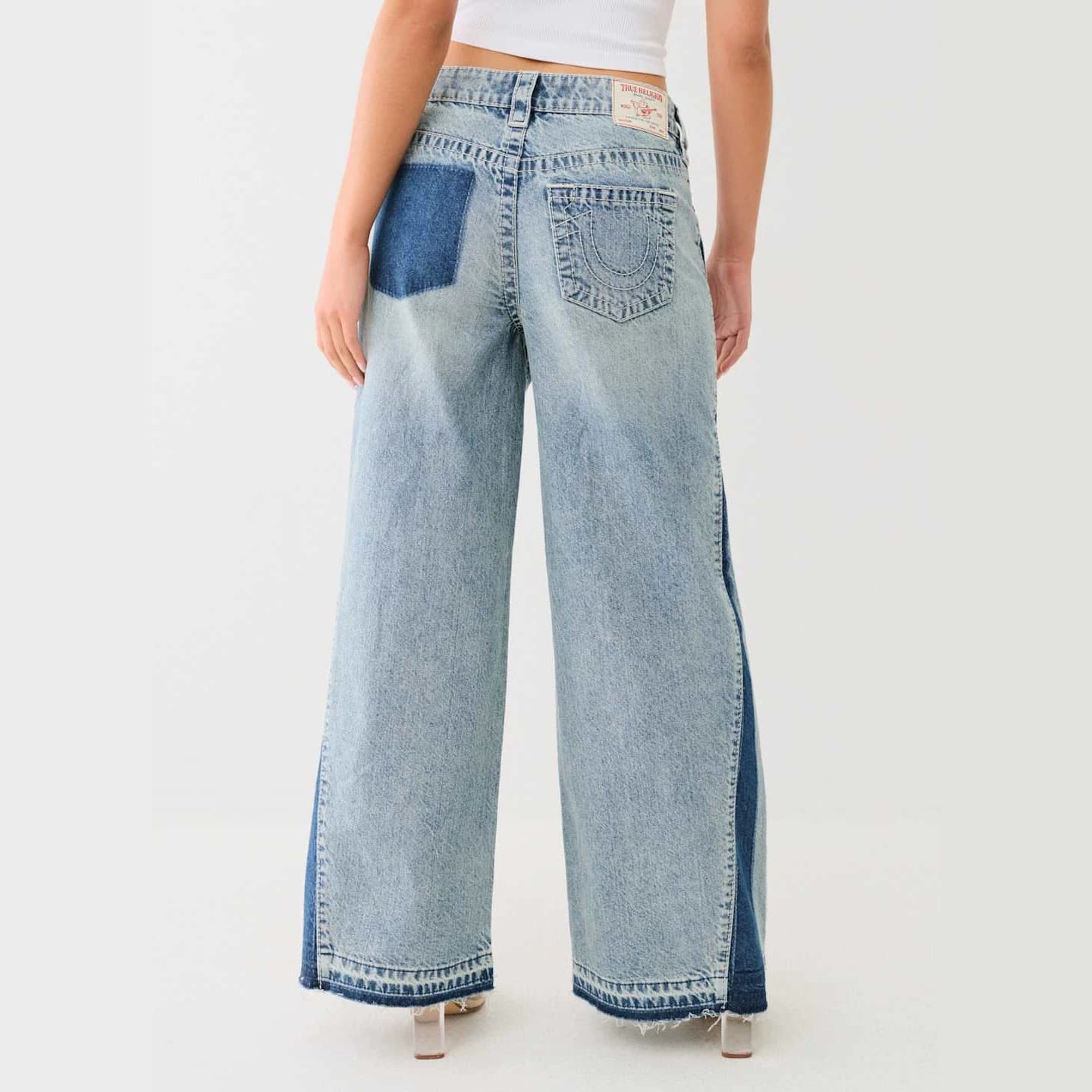 European and American cross-border true religion stitching contrasting wide-leg jeans high-waist raw edge floor-length denim trousers