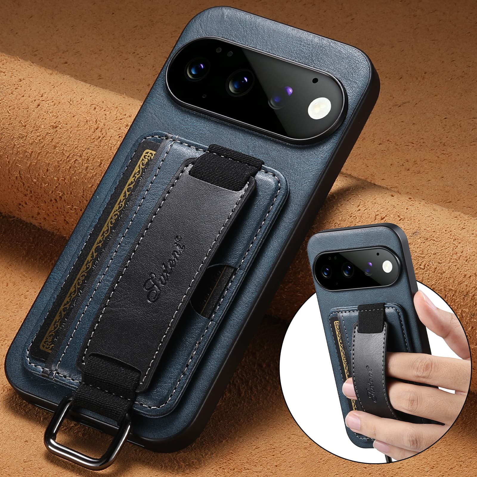 Card Slot Phone Case for Google Pixel 11 Pro, Wrist Strap Back Cover Protective Leather Case for Google Pixel 9