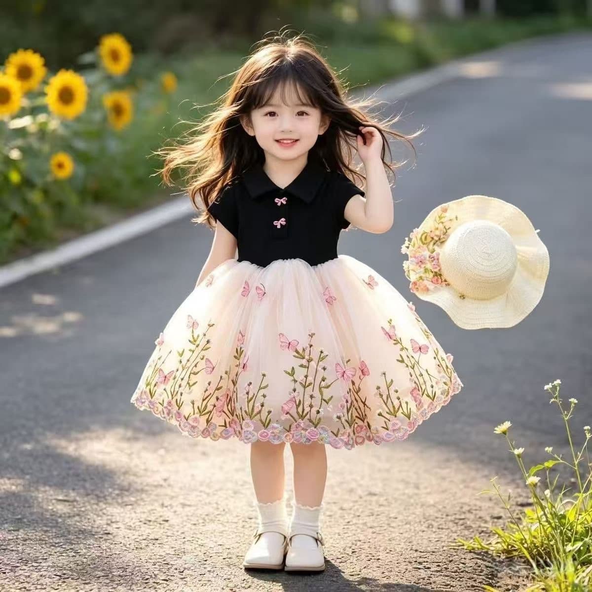 Girls Summer Polo Collar Sleeveless Puffy Dress 2026 New Exquisite Embroidery Patch Sweet Princess Dress
