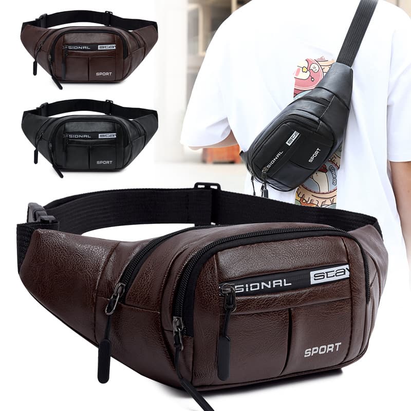 Men's Outdoor Leisure Sports Fanny Pack Large Capacity Mobile Phone Coin Wallet Waterproof PU Material Casual Travel