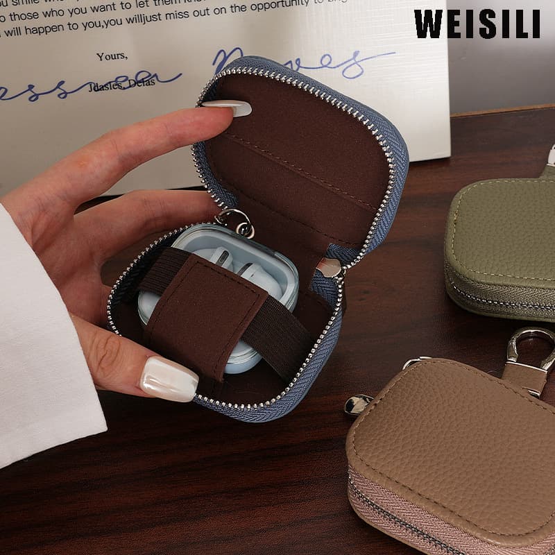 New PU Small Key Case Top Layer Cowhide Waist Clip Universal Key Bag Apple Bluetooth Earphone Protective Cover