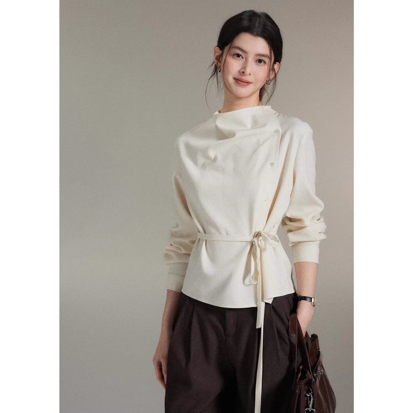 ERYANG Design [Shiyi] Simple Asymmetrical Draped Neckline Diagonal Front Wrap Belted Waist Top Women's High-End Blouse