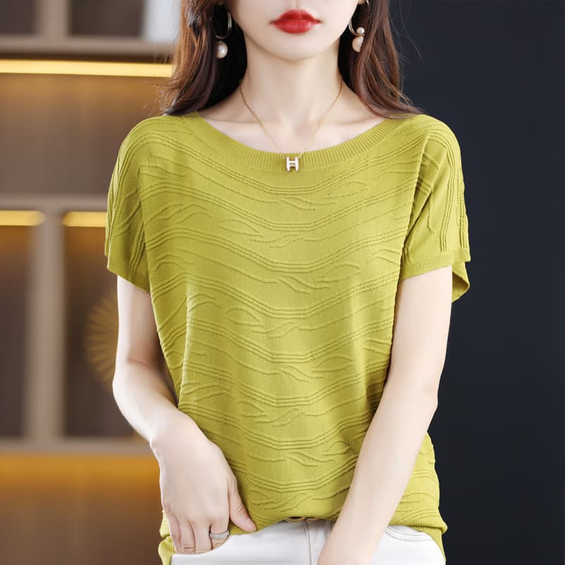 Round Neck Ice Silk Short Sleeve Knitted T-Shirt Women's Thin Summer Versatile Base Layer Top Comfortable Breathable Lightweight