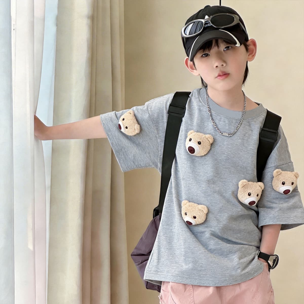 Cute 3D Plush Toy - New Summer Kids Cartoon 3D Five Bear Head Short Sleeve T-Shirt Fashionable Plush Toy