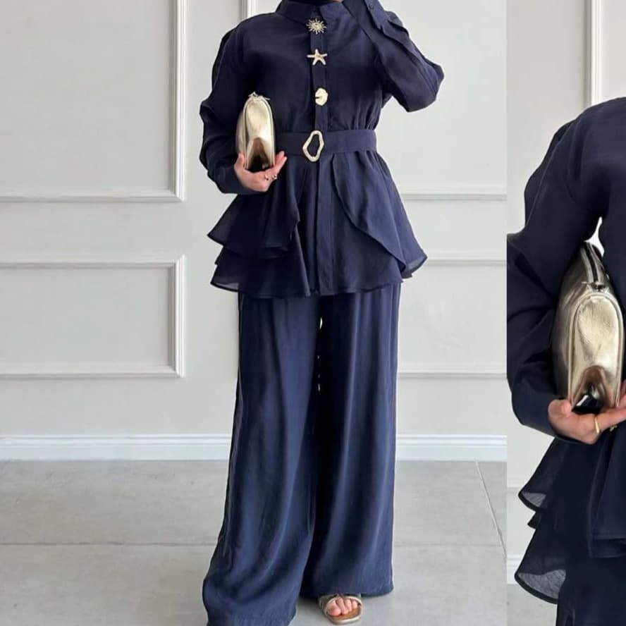 Amazon Cross-Border 2026 Foreign Trade Women's Clothing Autumn New Stand-Up Collar Long-Sleeve Belted Top Wide-Leg Pants Two-Piece Set
