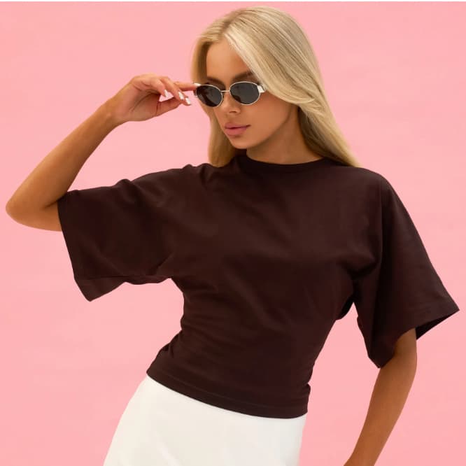 Korean loose bat-sleeve short round neck T-shirt for women with side pleats and waist slimming versatile casual basic top