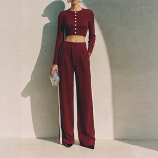 New Cross-Border Ribbed Knit Set for Women, European and American Style Short Crop Cardigan with Side White Stripes and Wide-Leg Pants Two-Piece Set