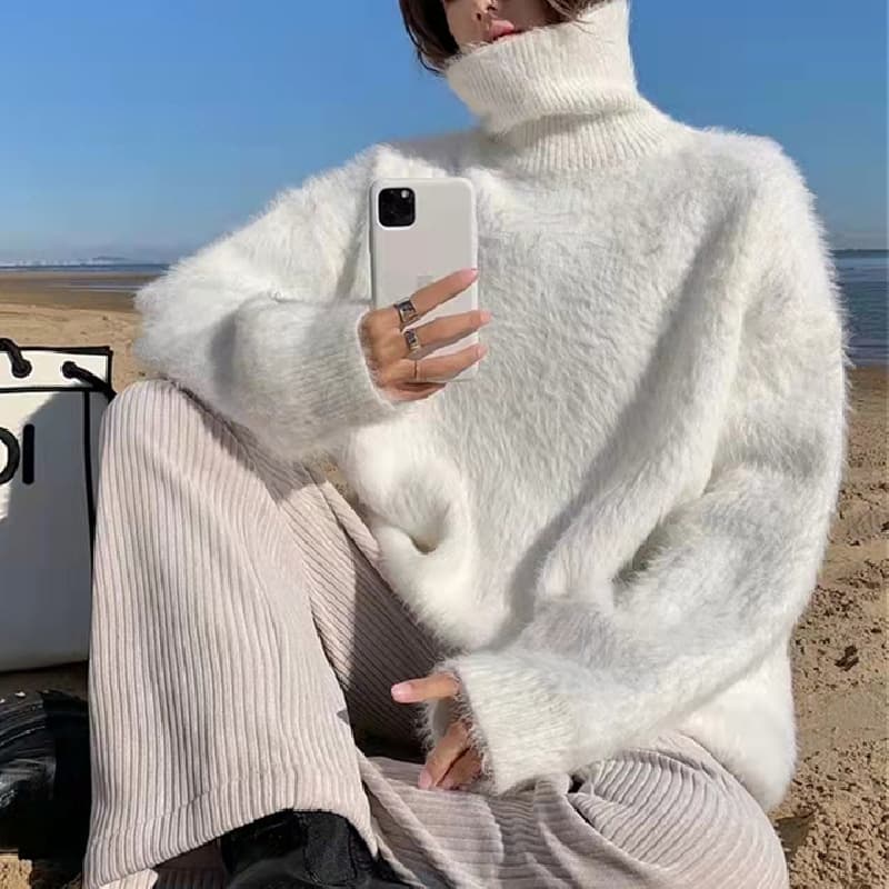 Korean Style Solid Color High-End Imitation Mink Fur High Neck Sweater Autumn Winter New Lazy Style Loose Knit Pullover Women