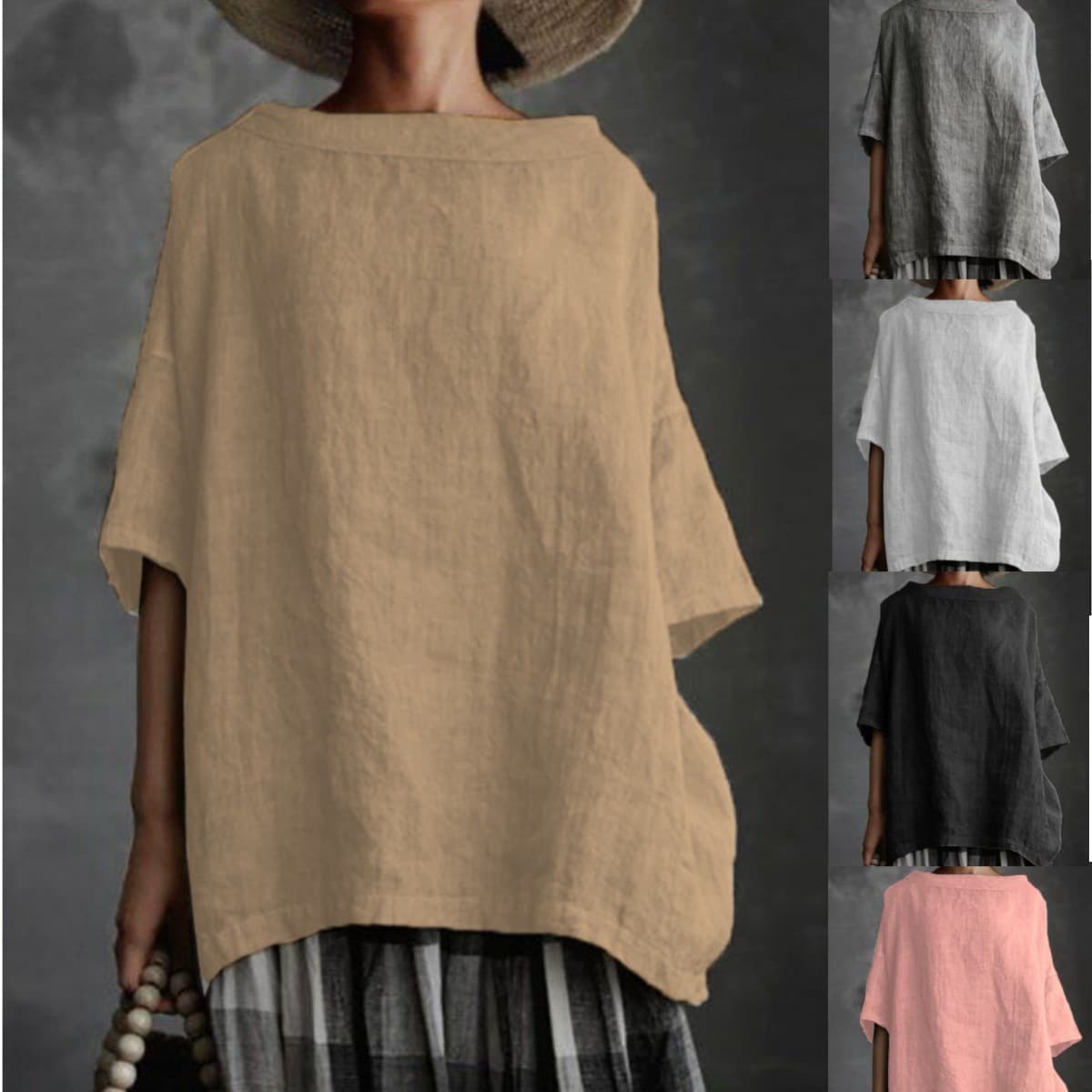 Large stock available. 2026 European and American export summer new style round neck cotton linen solid color loose women's T-shirt.