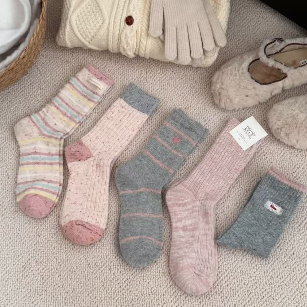 Korean pink wool socks for women, mid-calf style, Instagram vibe, girly JK style, bow tie, versatile slouch socks