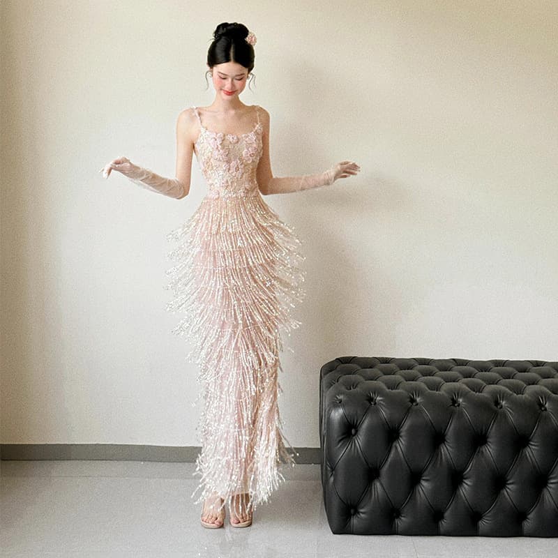 2025 New High-End Light Luxury Tassel Bride Engagement Dress Strapless Banquet Host Evening Gown