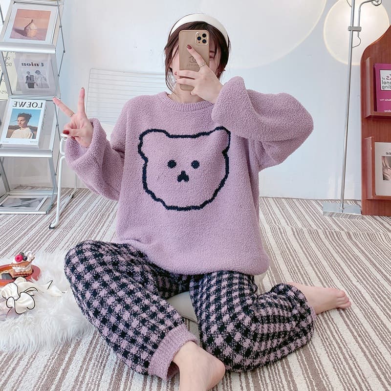 Age-reducing sweet plaid bear soft pajamas for women winter thickened warm autumn and winter cute feather gauze home clothes set