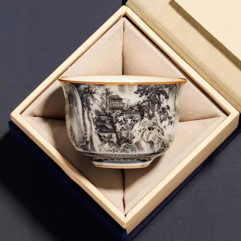 Ru Kiln Ink Wash Landscape Round Tripod Cup, Personal Premium Host Cup, Single Tasting Cup, Ceramic Tea Set
