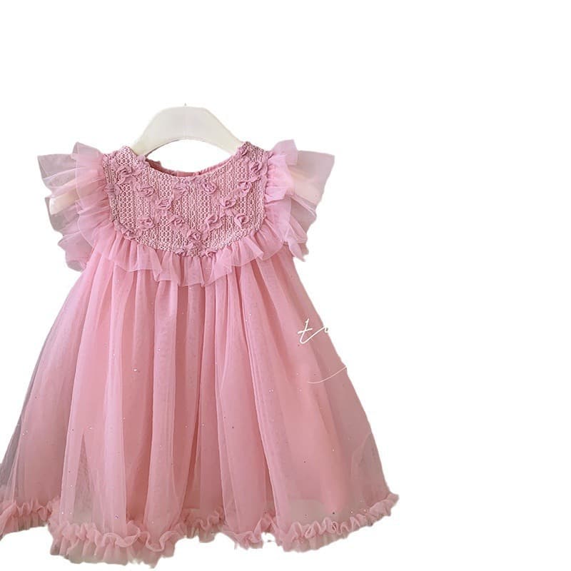 Girls' Tulle Princess Dress Summer Fashion Flutter Sleeve Dress for Little Girls Ages 1-7 Korean-Style Short Dress