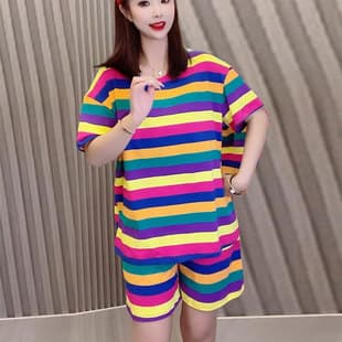 Fashion Sport Set Women 2026 Summer New Short Sleeve Striped Sleeve Shorts Plus Size Loose Casual Two-Piece Set